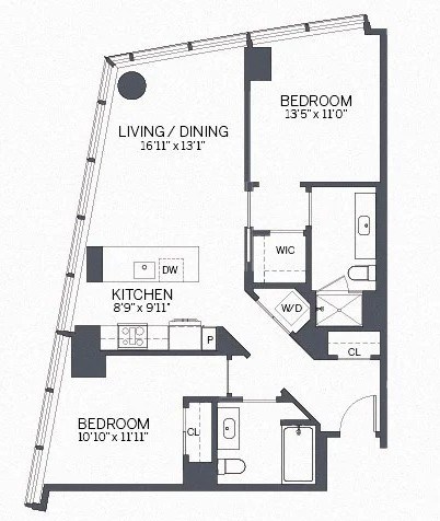 Floor plan for 2 beds, 2 baths, 1128 sqft